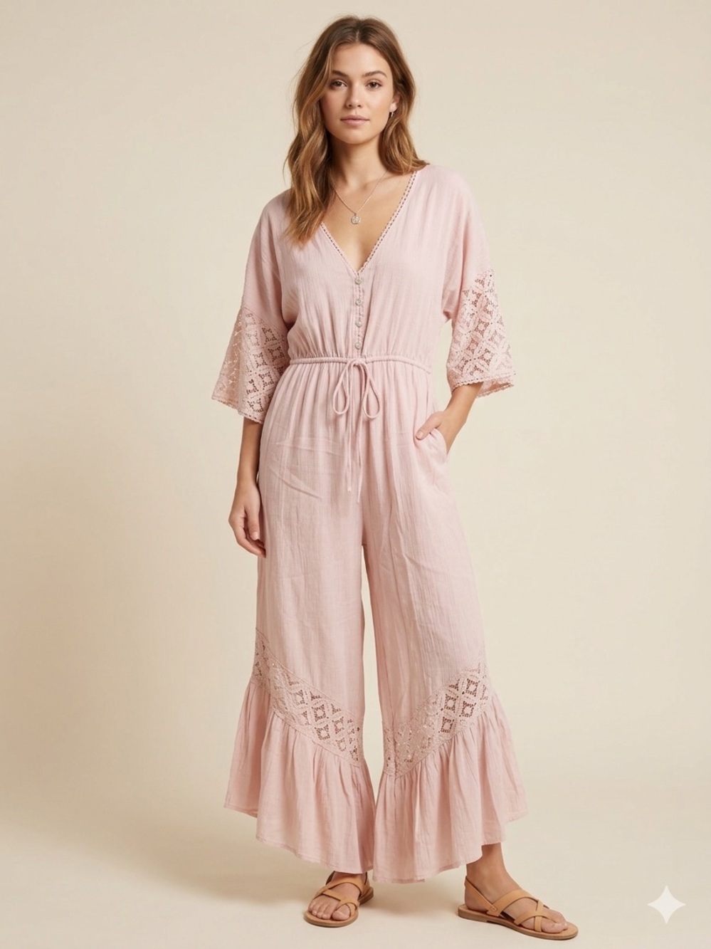 The Clothing Company Jumpsuit Woman’s Size Medium Pink Lace Details Boho